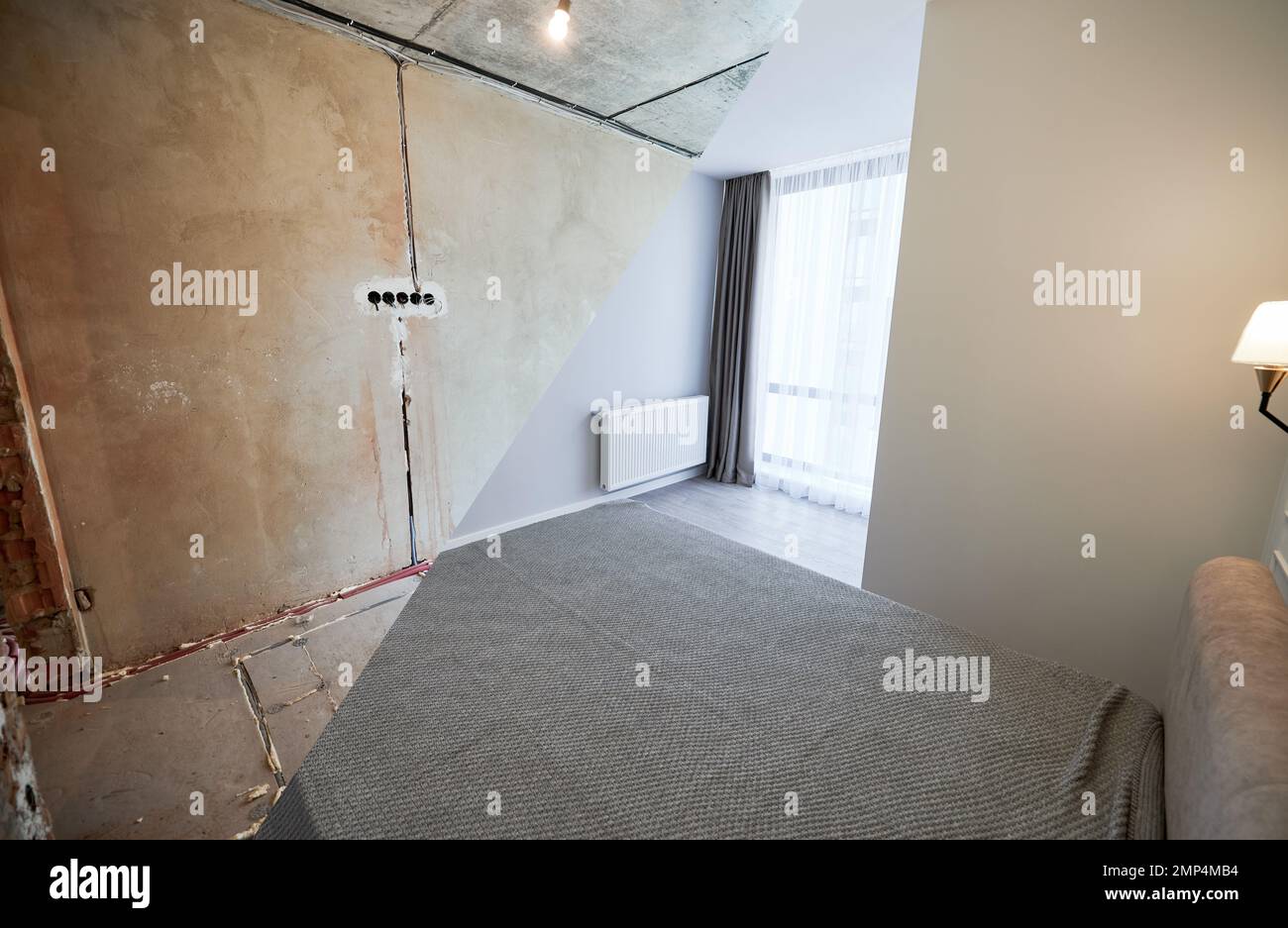 Image showcasing Comparison of bedroom with large panoramic window before and after ...