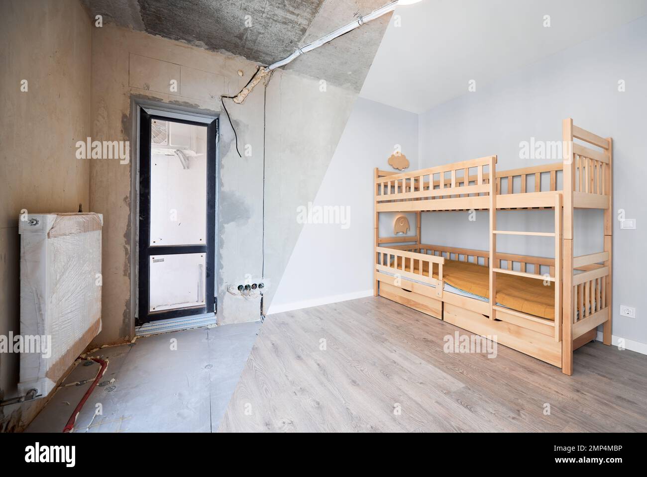 Comparison of children room with wooden bunk bed before and after restoration. Old apartment room with brick wall and new renovated flat with parquet floor and kid house bed. Stock Photo