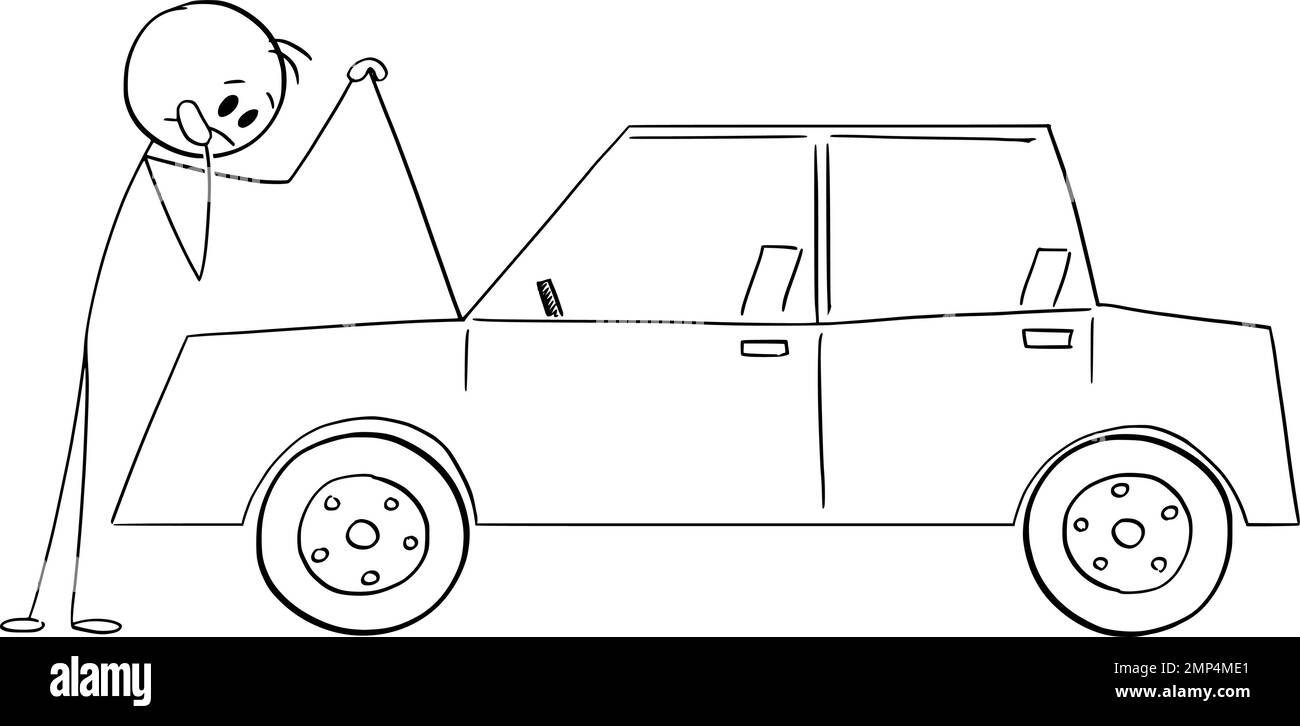 Driver and Broken Car , Vector Cartoon Stick Figure Illustration Stock Vector