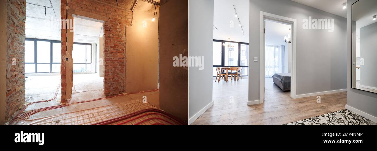 Living room and bedroom with large windows and doors before and after refurbishment or restoration. Old apartment before renovation and new renovated flat with parquet floor and furniture. Stock Photo