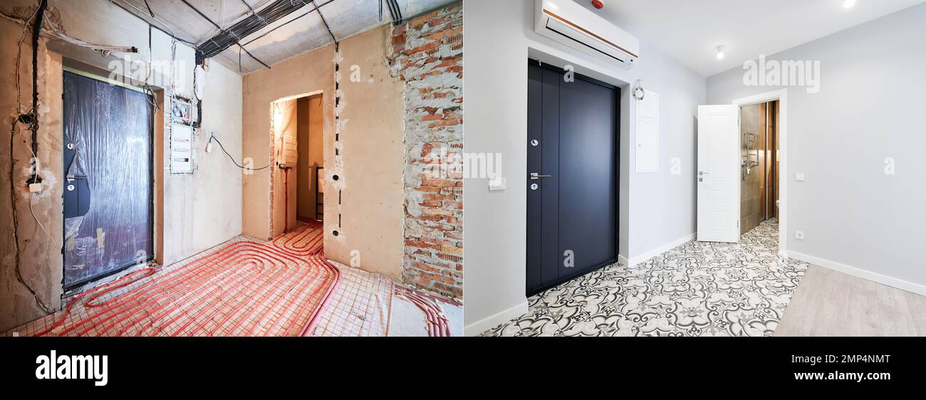 Comparison of old flat with underfloor heating pipes and new renovated apartment with modern interior design. Hallway with heated floor before and after renovation. Stock Photo