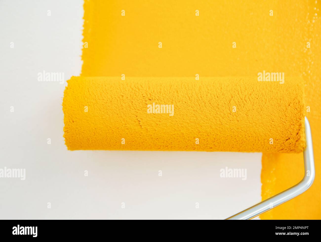 Painting white wall with yellow dye, closeup. Interior renovation Stock ...