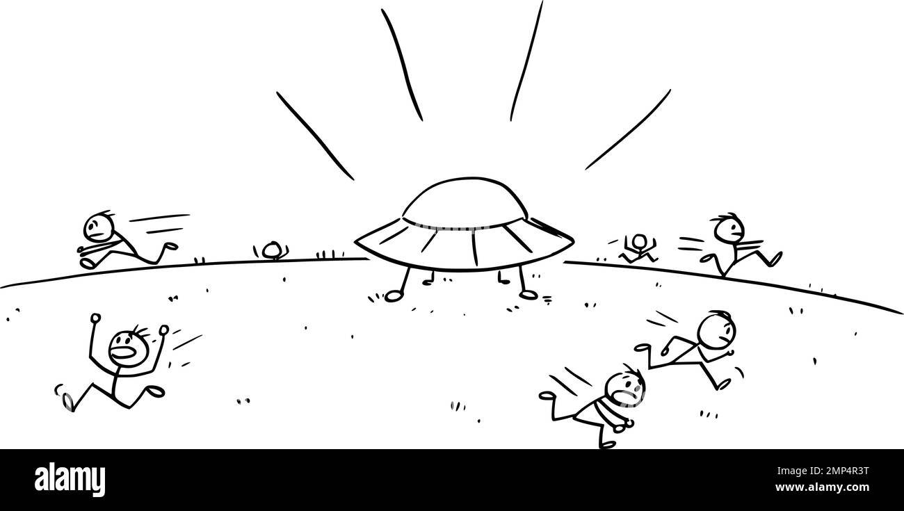 Alien UFO Landing , Vector Cartoon Stick Figure Illustration Stock Vector