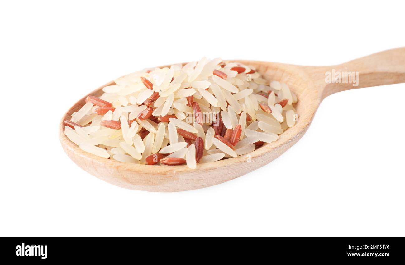 Mix of brown and polished rice in wooden spoon isolated on white Stock ...