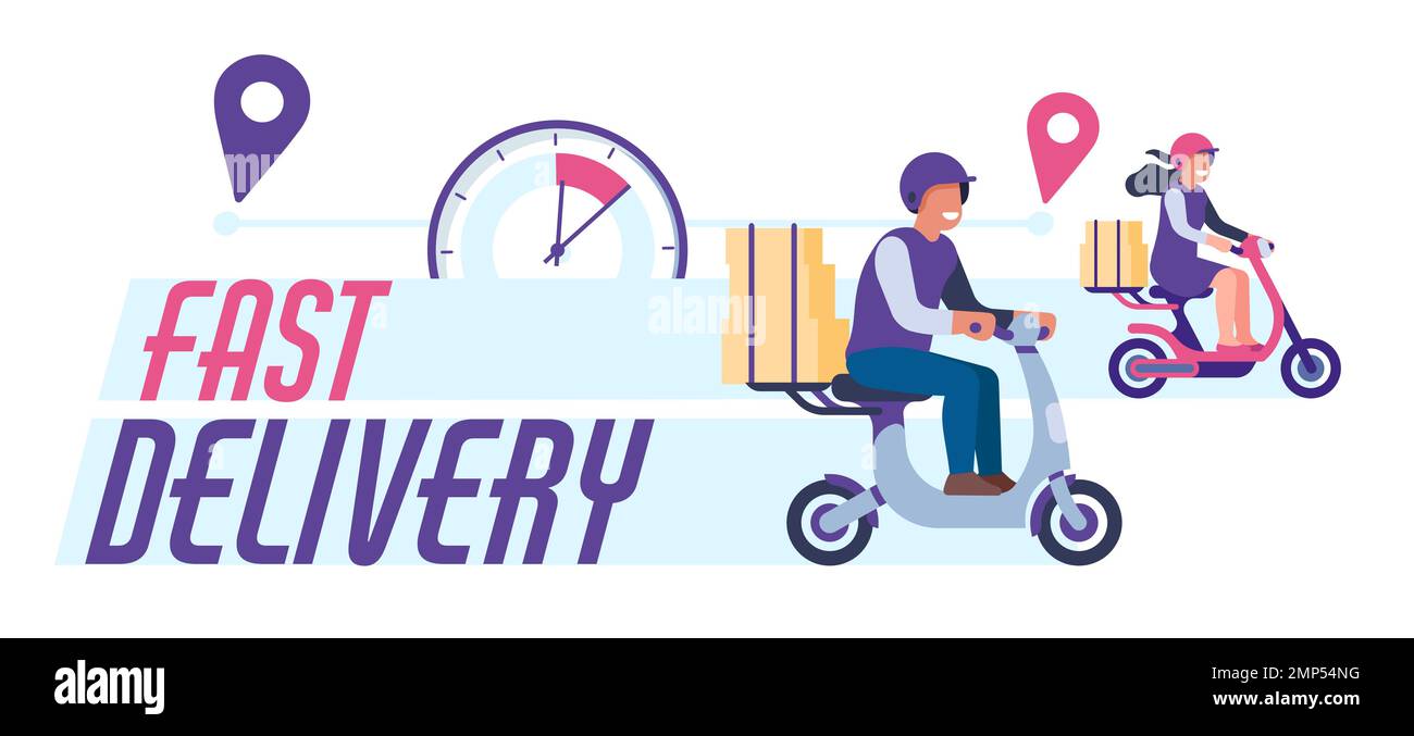 Fast delivery concept, couriers deliver parcels in short time. Male and female character riding scooter, cardboard parcel boxes, food and mail Stock Vector