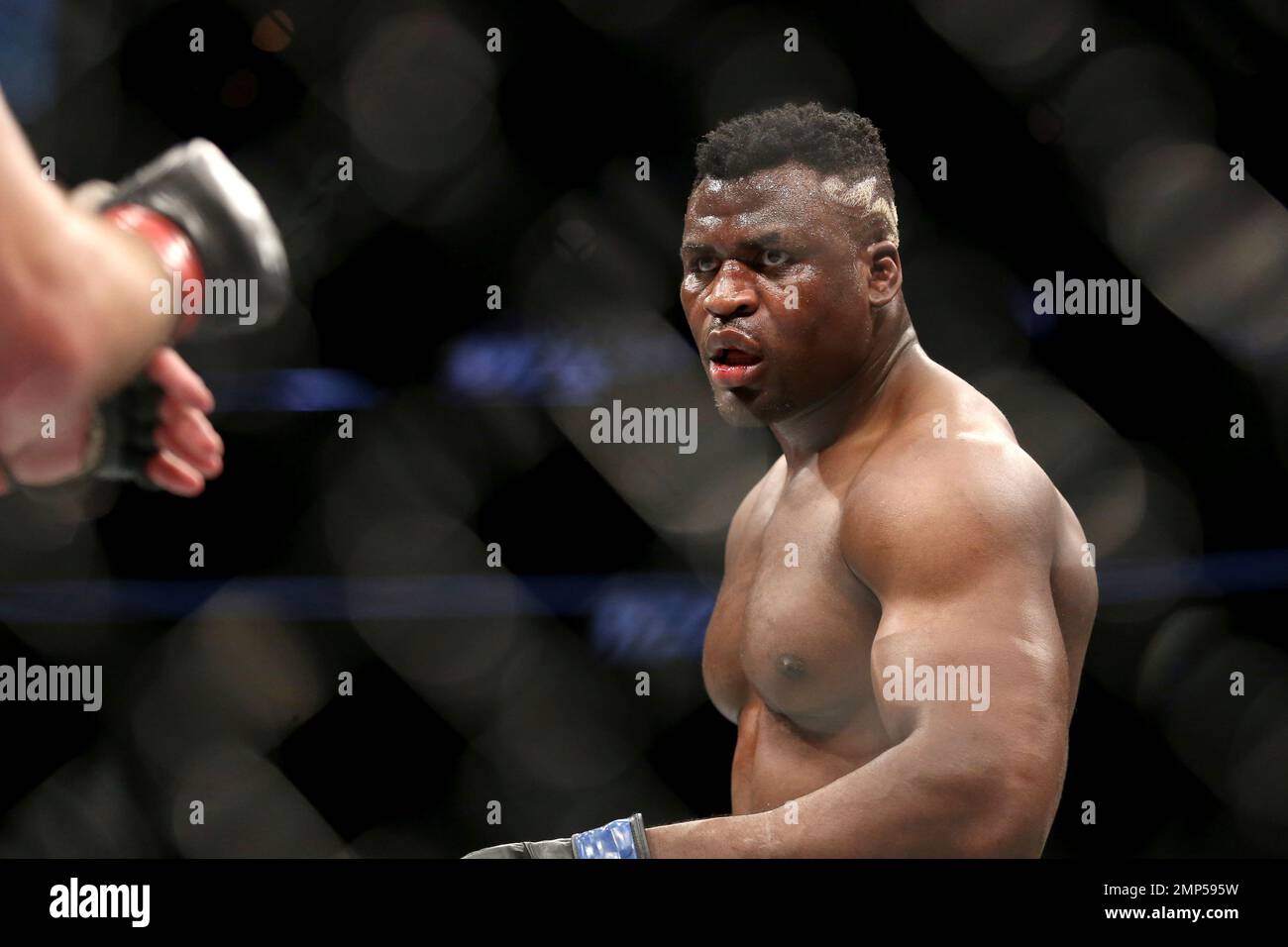 Francis Ngannou in action against Stipe Miocic during a heavyweight  championship mixed martial arts bout at UFC 220, Sunday, Jan. 21, 2018, in  Boston. Miocic retained his title via unanimous decision. (AP