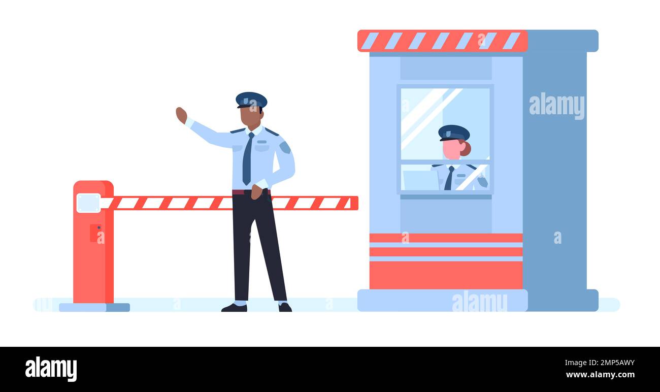 Security post with guards and barrier guarding entrance to restricted areas. Boundary gate protection. Checkpoint secure workers. Roadblock with Stock Vector