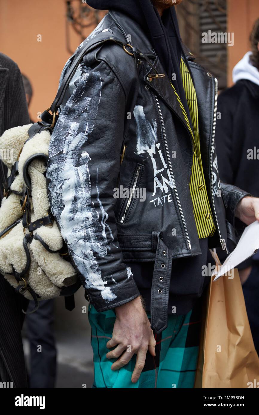 MILAN - JANUARY 15: Man with beige Gucci bag and Yohji Yamamoto before  Represent fashion show, Milan Fashion Week street style on January 15, 2018  in Stock Photo - Alamy