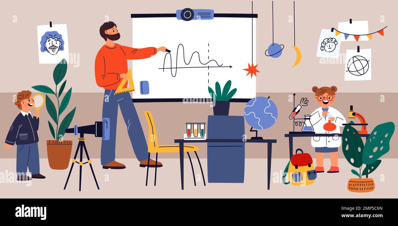 Teacher with students in classroom. Physics lesson at school