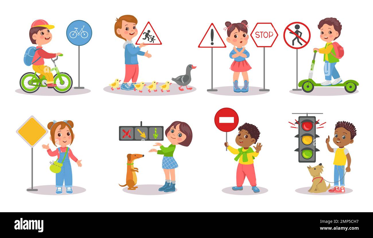 Set of Elements for Pedestrian Rules for Kids, Little Girls