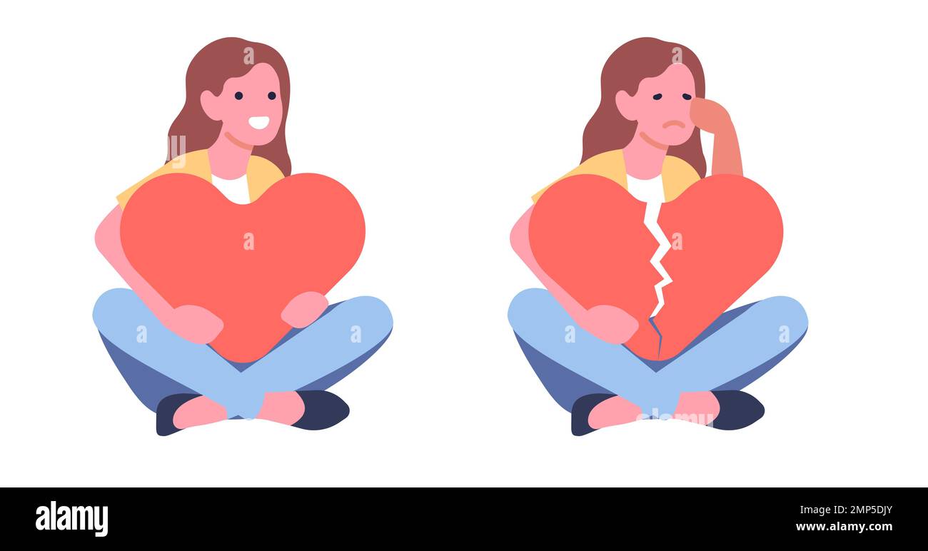 Young woman embraces big red heart. Whole and broken romance. Love or