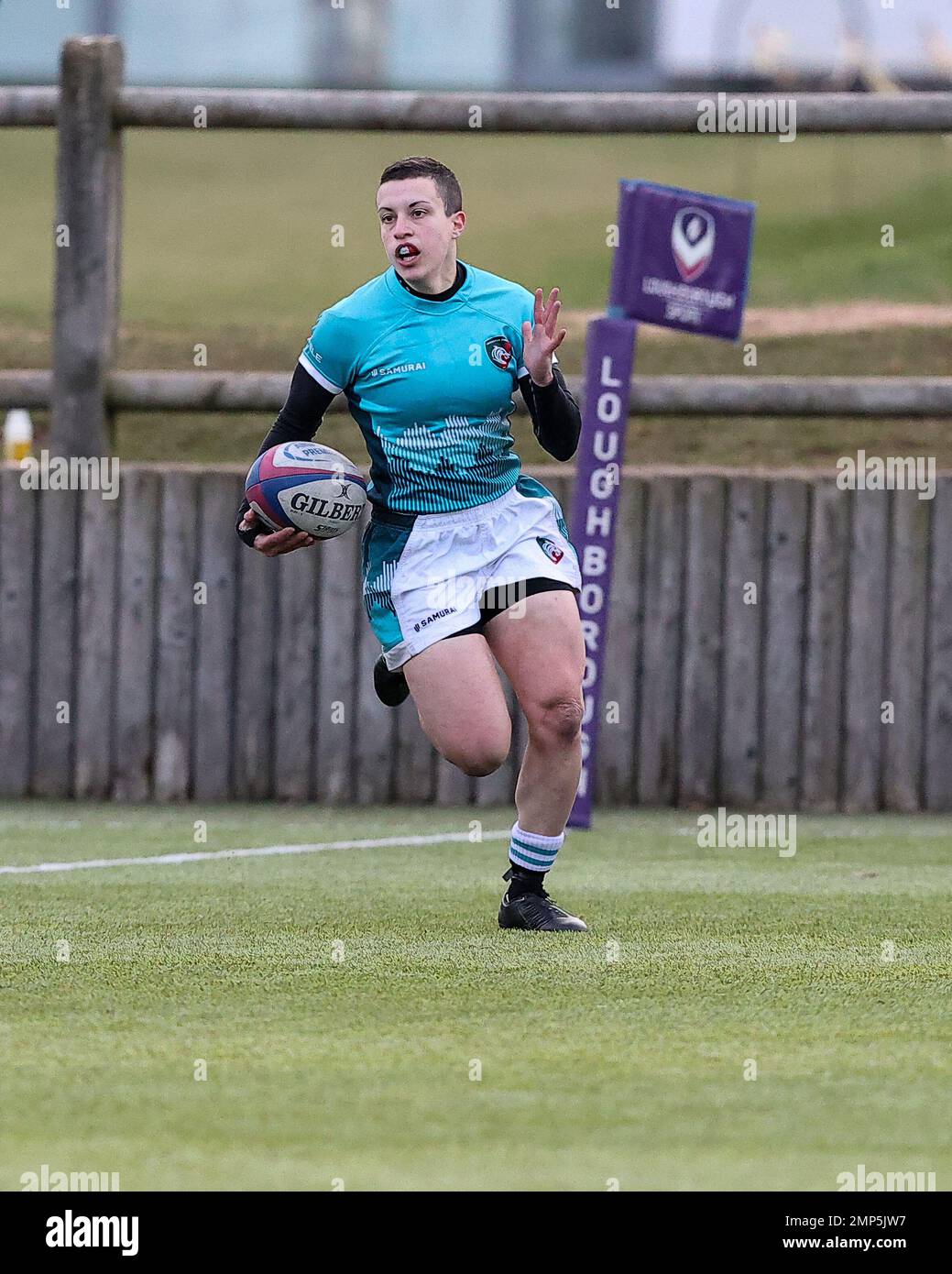 29.01.2023   Loughborough, England. Rugby Union.                   Lucrezia Iavaione scores for Tigers during the match played between Leicester Tigers Ladies and Loughborough Ladies in the  RFC Women’s Championship North 1 at Loughborough University.  © Phil Hutchinson Stock Photo