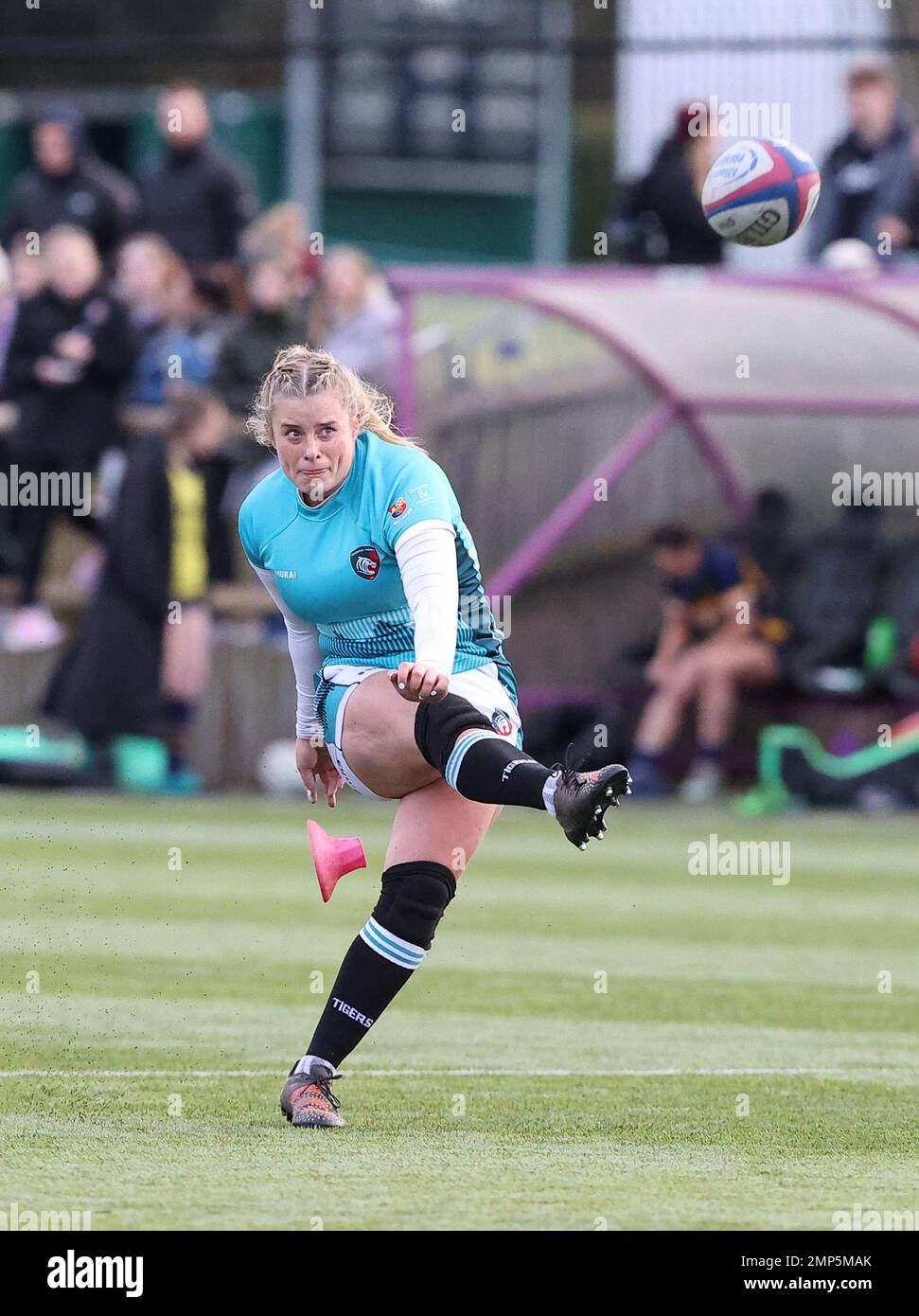 29.01.2023   Loughborough, England. Rugby Union.                   Katie Childs (Leicester Tigers) kicks a conversion during the match played between Leicester Tigers Ladies and Loughborough Ladies in the  RFC Women’s Championship North 1 at Loughborough University.  © Phil Hutchinson Stock Photo