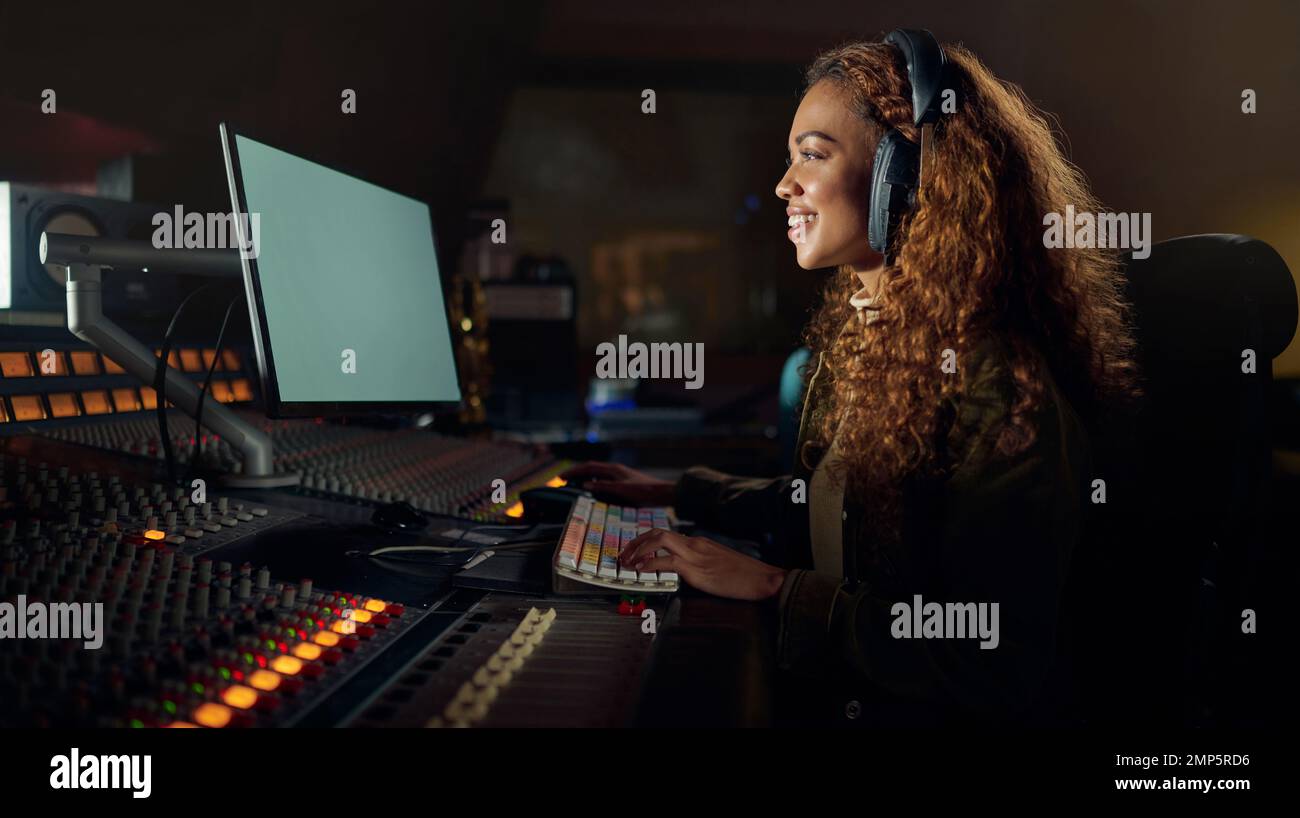 Woman, smile or recording headphones in music, sound mixing or computer