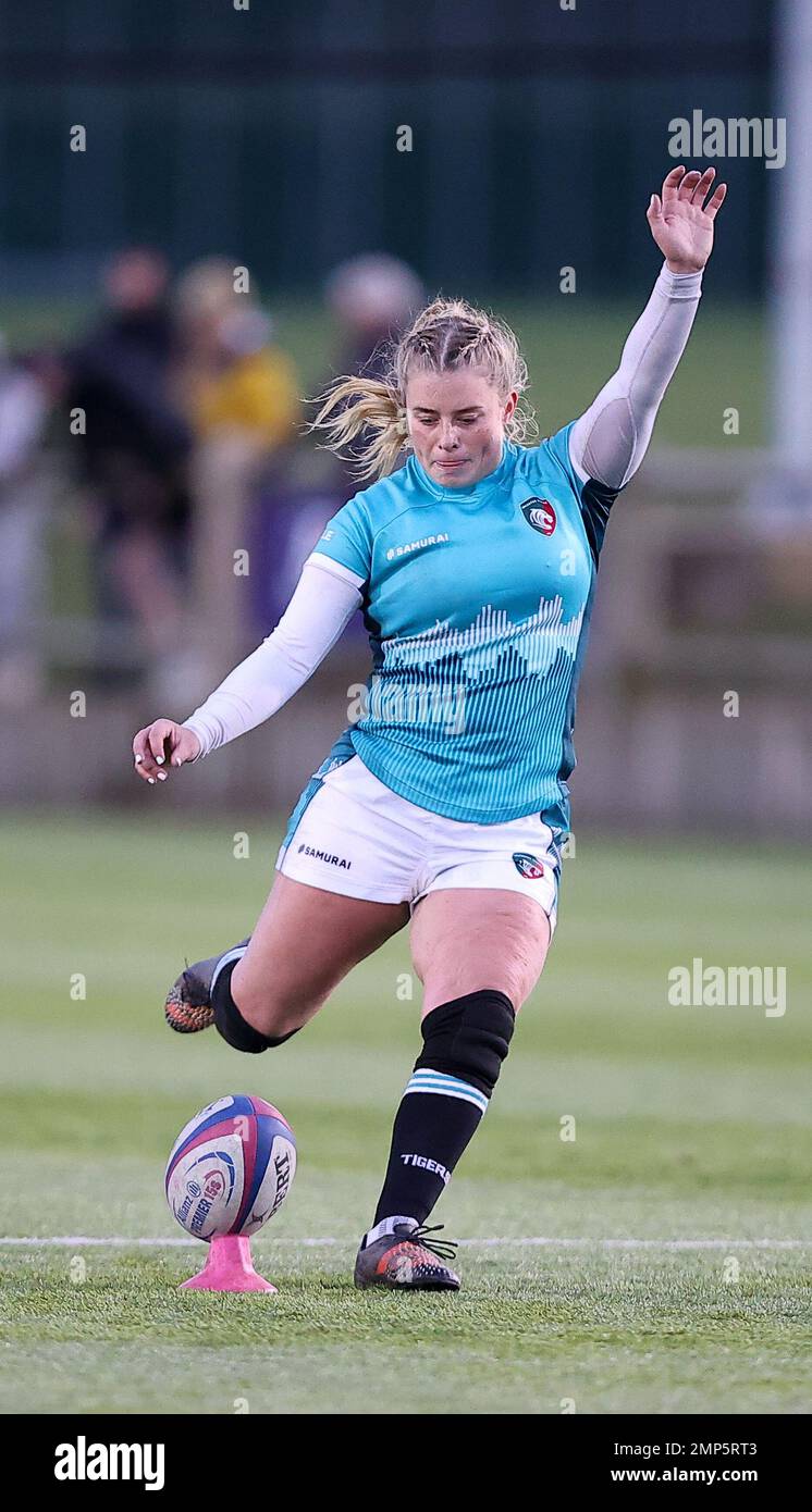 29.01.2023   Loughborough, England. Rugby Union.                   Katie Childs (Leicester Tigers) kicks a conversion during the match played between Leicester Tigers Ladies and Loughborough Ladies in the  RFC Women’s Championship North 1 at Loughborough University.  © Phil Hutchinson Stock Photo