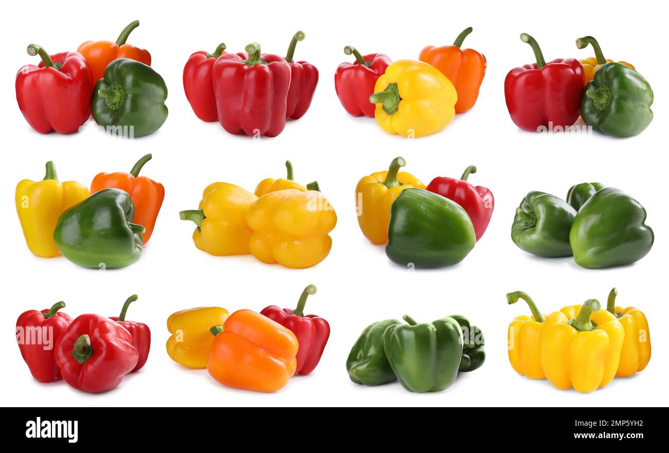 Set of different ripe bell peppers on white background Stock Photo - Alamy