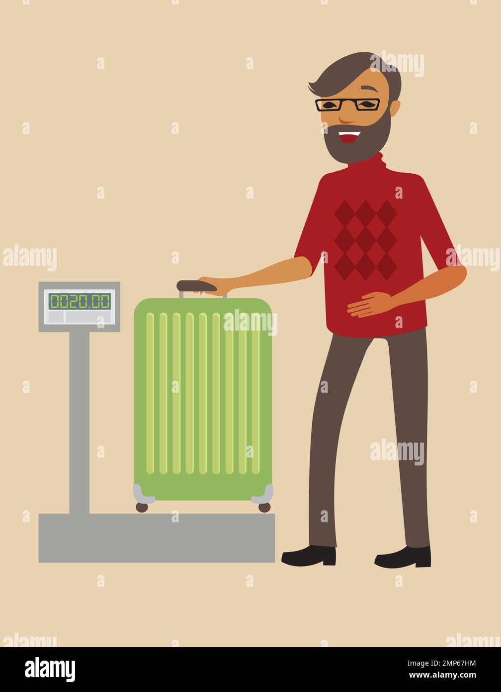 Passenger weighing his big suitcase before flight Stock Vector