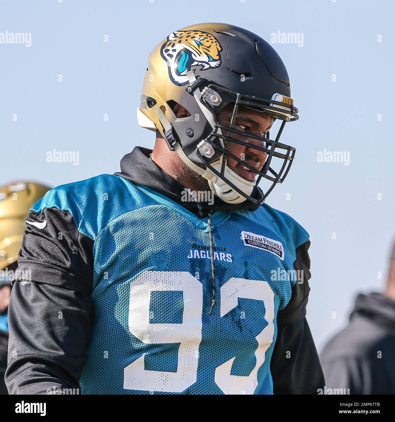 Jacksonville Jaguars defensive end Calais Campbell (93) lines up for a  drill during an NFL football practice in Jacksonville, Fla., Friday, Jan.  19, 2018. (AP Photo/Gary McCullough Stock Photo - Alamy