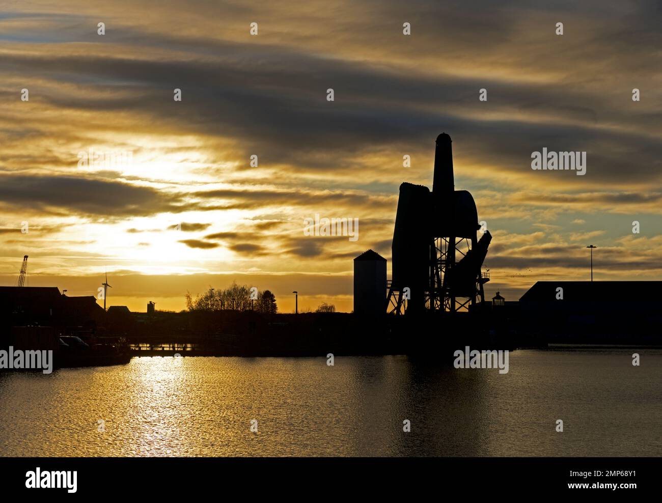 The Tom Pudding hoist, silhouetted against the sky, at the docks, Goole,. East Yorkshire