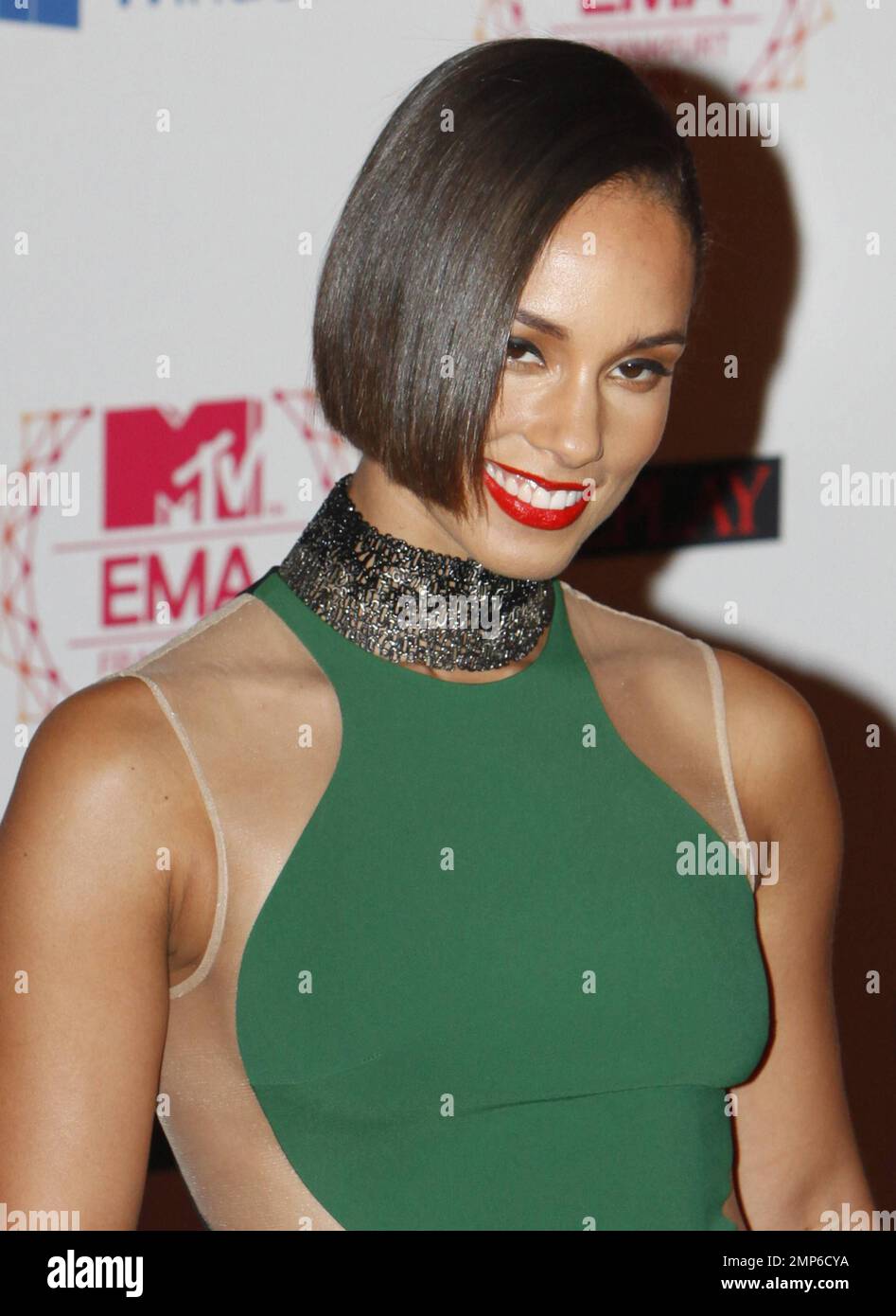 Singer Alicia Keys wears a green figure flattering dress at the 2012 MTV  Europe Music Awards held at Festhalle Frankfurt in Frankfurt am Main,  Germany. 11th November 2012 Stock Photo - Alamy