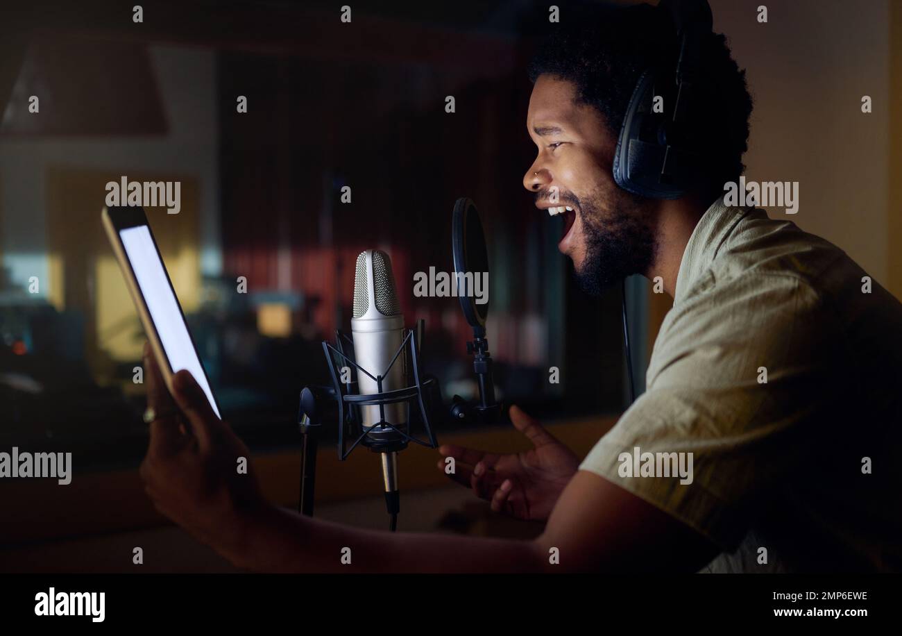 Tablet, singing or black man on studio microphone, mockup music or mock ...