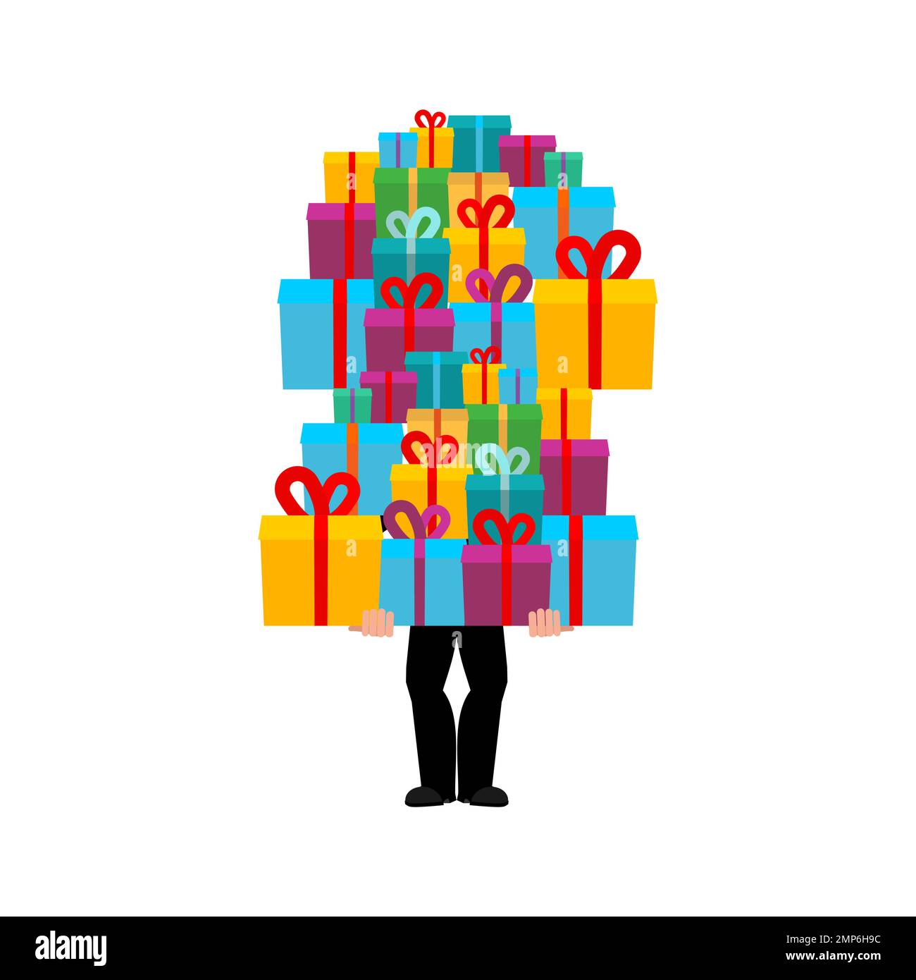 Man gives bunch of gifts box. Many gift boxes congratulations from man