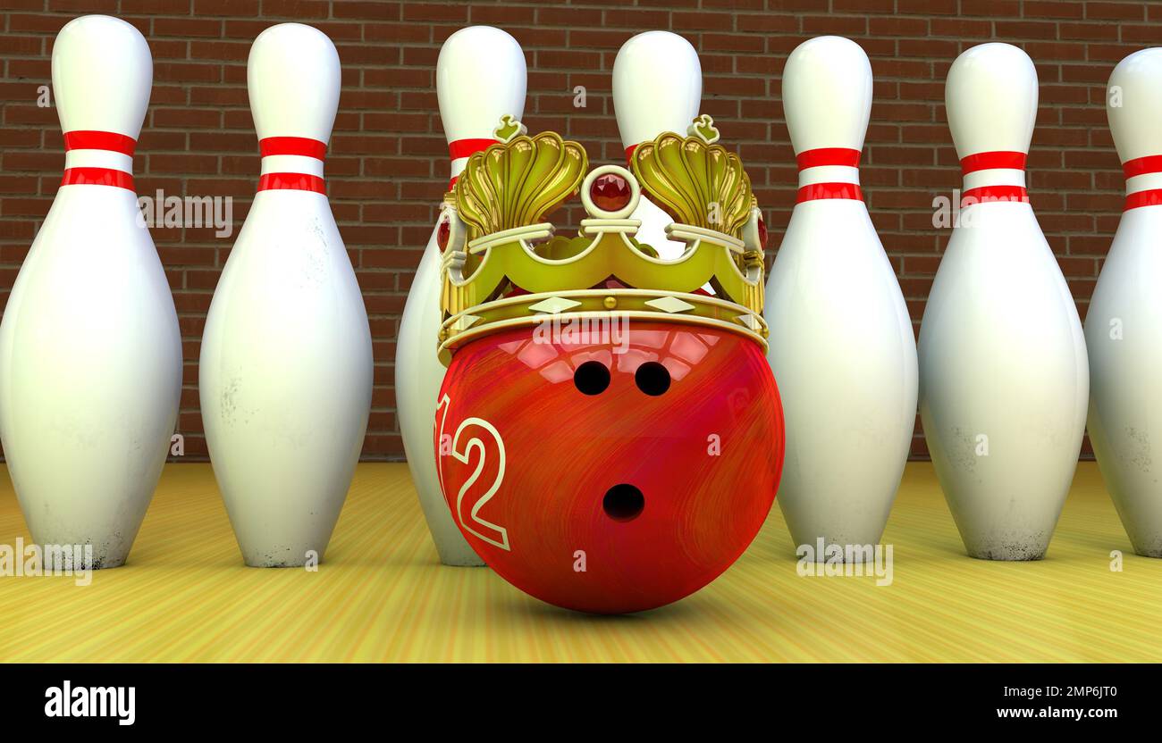 A row of bowling pins and a red bowling ball in a golden crown 3D