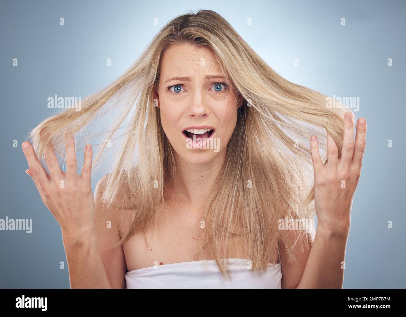 Face portrait, hair loss and shocked woman in studio isolated on a gray background. Beauty, surprised and female model sad, angry or frustrated with Stock Photo