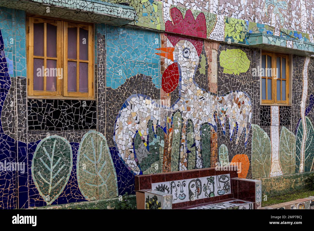 Tiled mosaic wall of workshop studio of Jose Fuster at Fusterlandia, 'Homage to Gaudi', Jaimanitas, Havana, Cuba Stock Photo