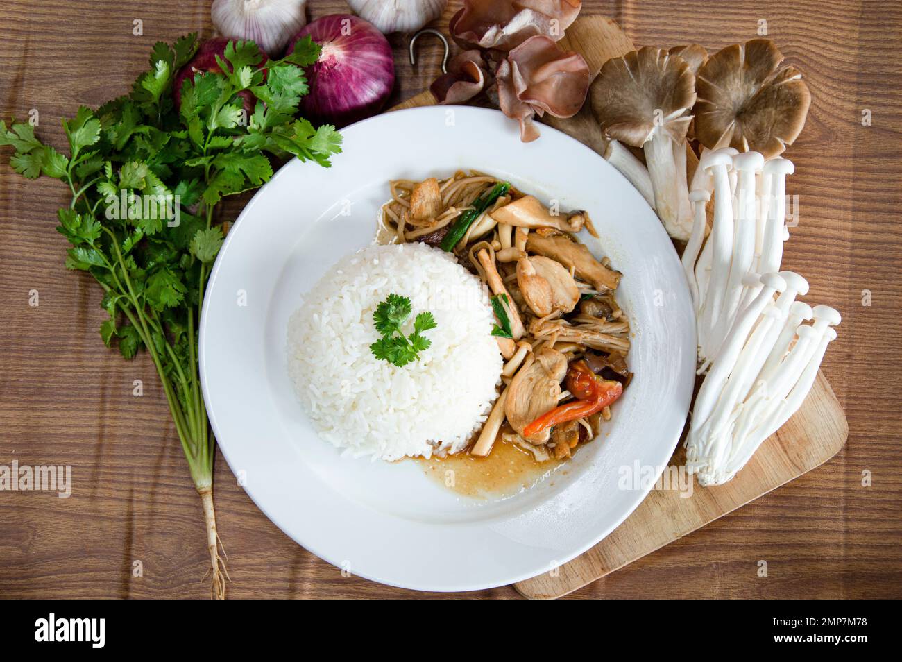 Chicken and mushroom fried rice, Thai food, Thai street food Stock