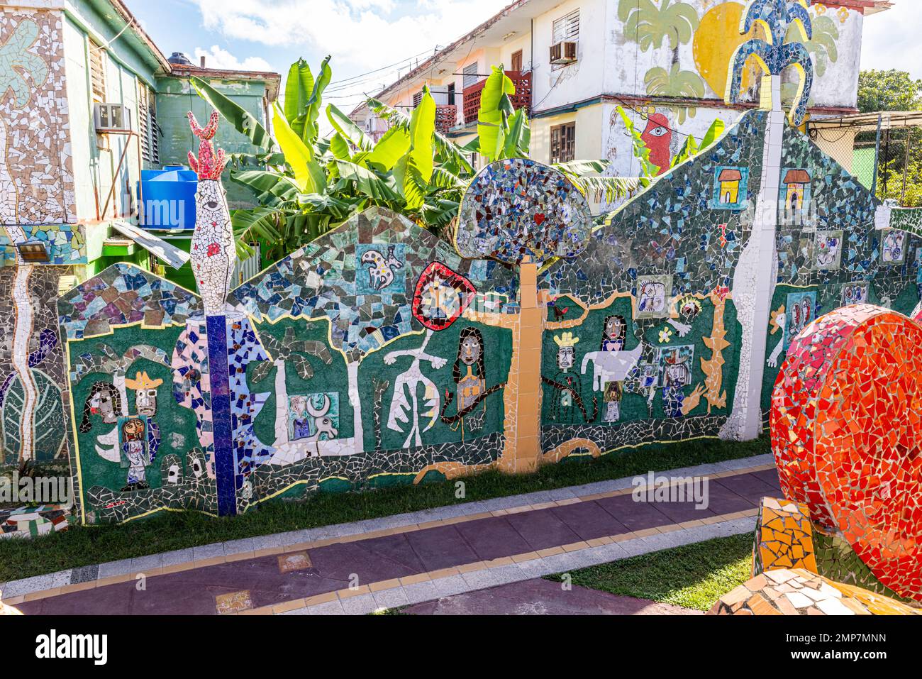 Tiled walls and sculptures on workshop studio of Jose Fuster at Fusterlandia, Jaimanitas, Havana, Cuba Stock Photo