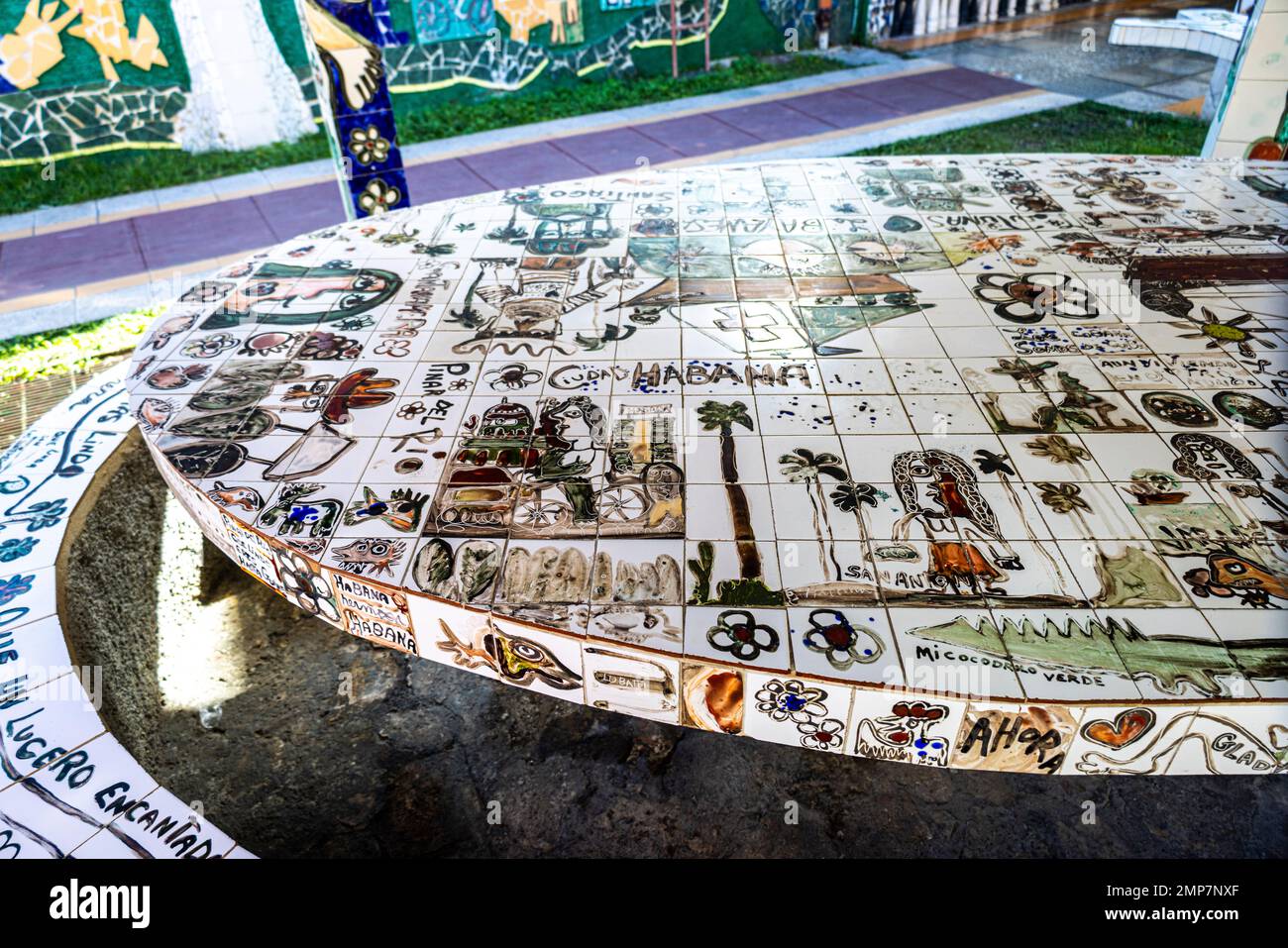 Tiled table in courtyard of workshop studio of Jose Fuster at Fusterlandia, Jaimanitas, Havana, Cuba Stock Photo