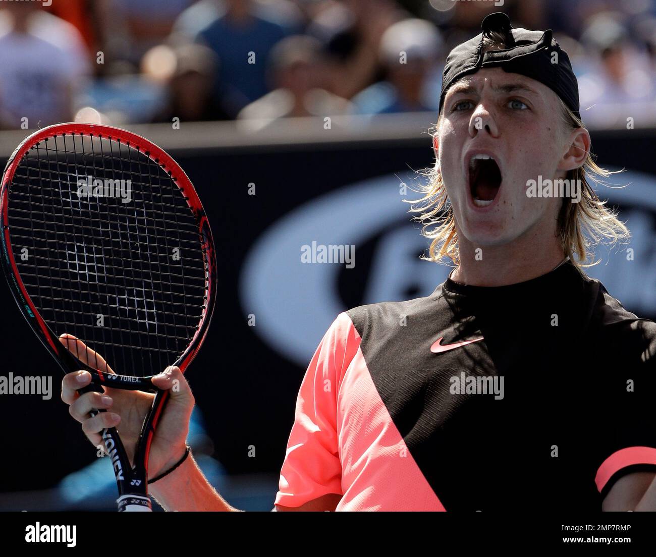 Canada'S Denis Shapovalov Celebrates Win Against Stefanos.