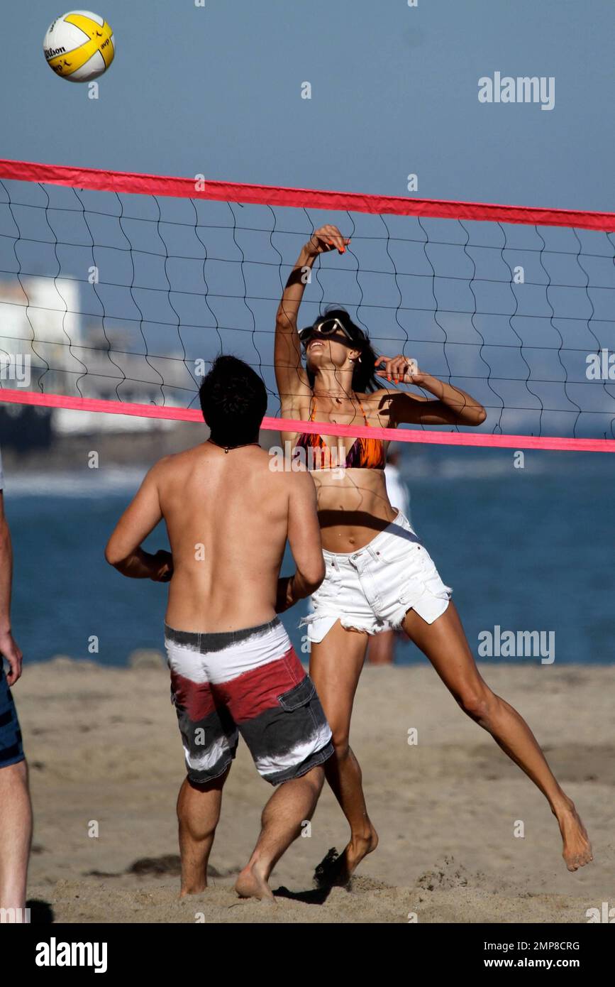 Wearing a multicolored bikini top with white cut-off shorts, supermodel Alessandra Ambrosio was seen spending the day in Malibu Beach with her 3 year old daughter Anja and fiance Jamie Mazur. Los Angeles, CA. 8th July 2012.   . Stock Photo