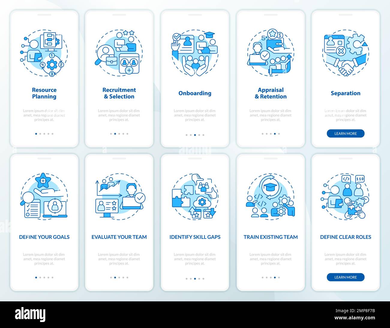 Information technology staffing blue onboarding mobile app screens set ...