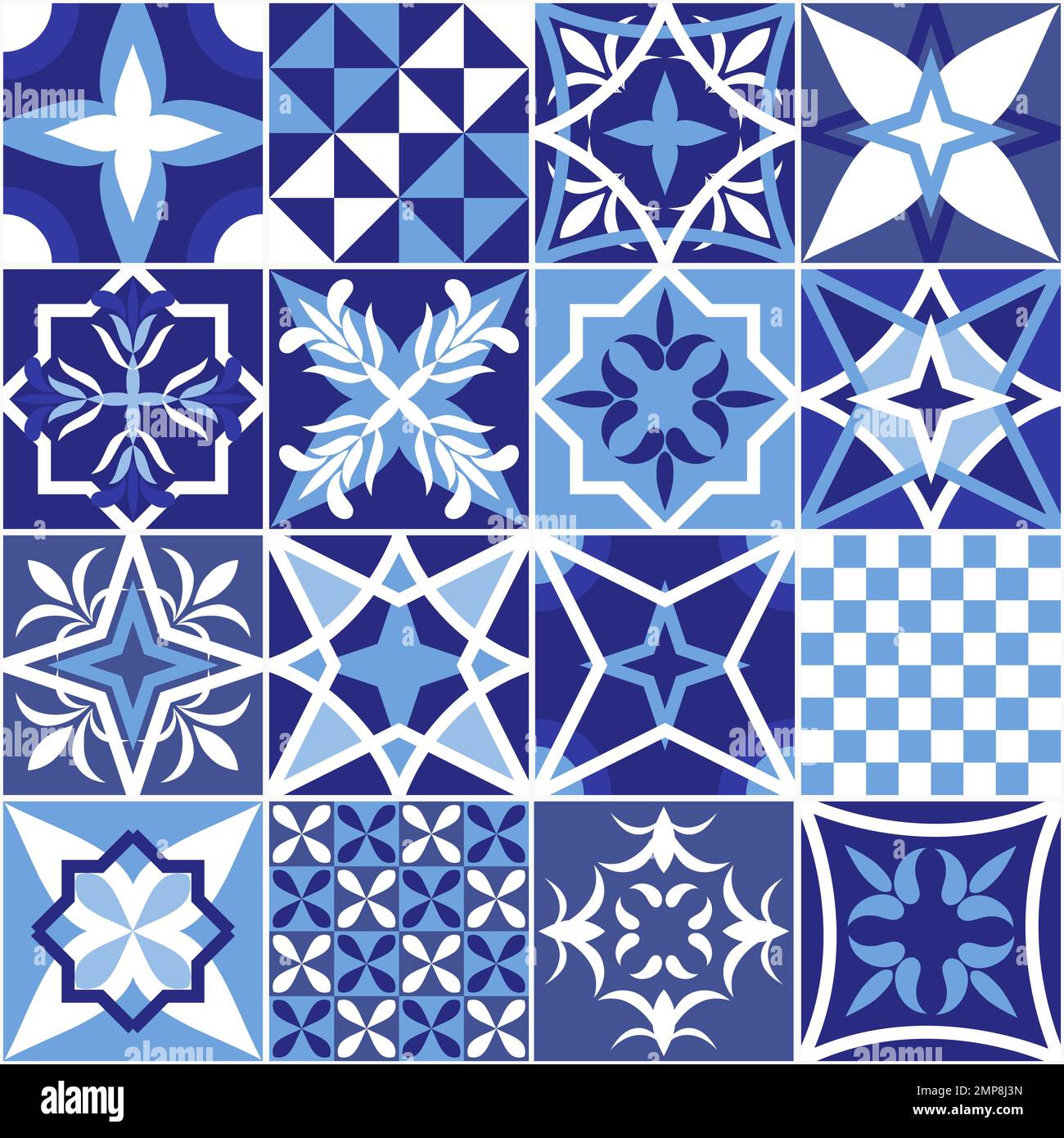 Dutch Delft blue color tiles design. Netherlands ceramic tile set with various ornaments. Seamless pattern. Stock Vector