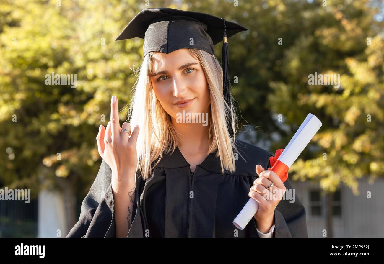 University student woman, middle finger and holding certificate in
