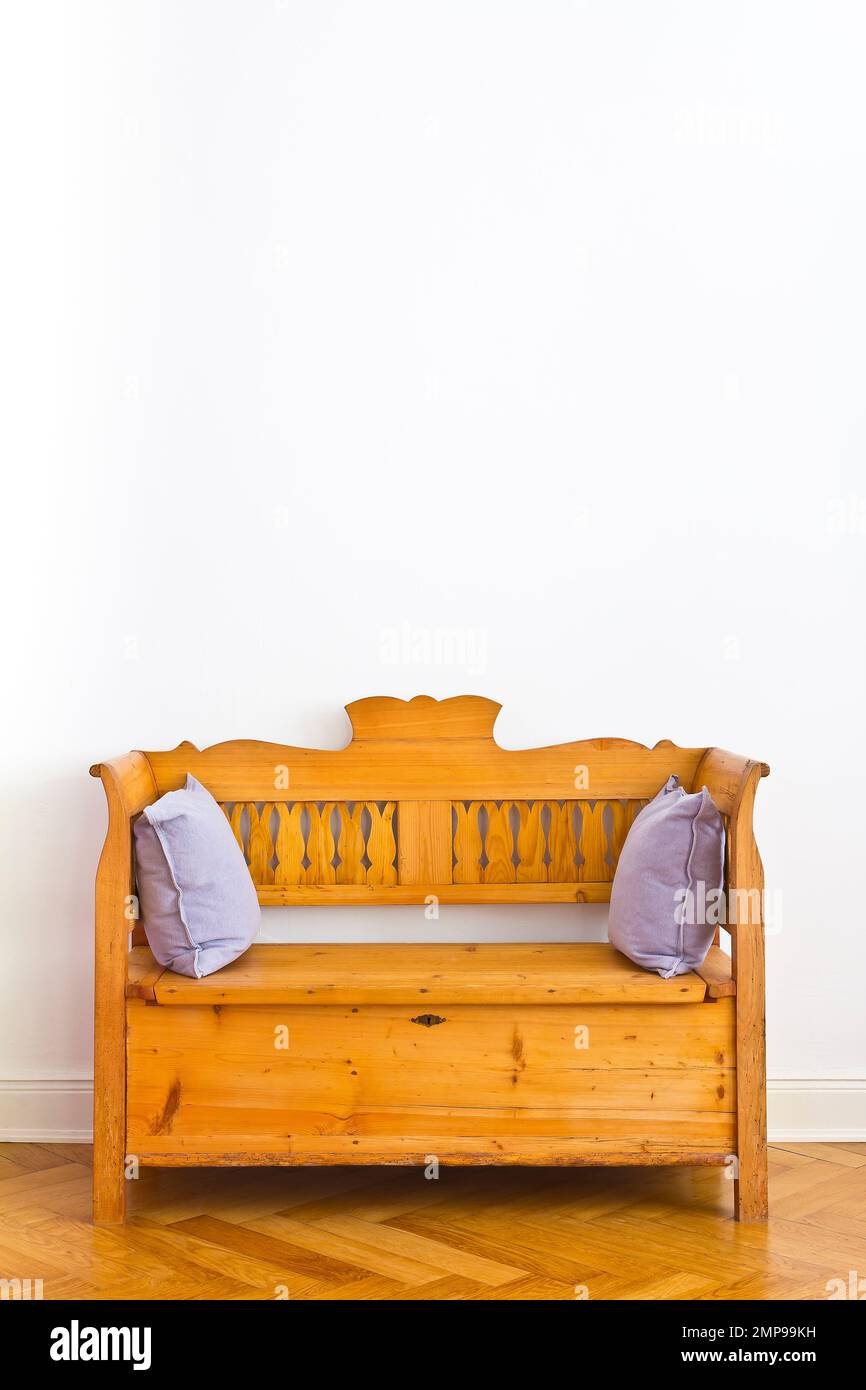 Antique wooden chest bench with storage space unter the seat, circa