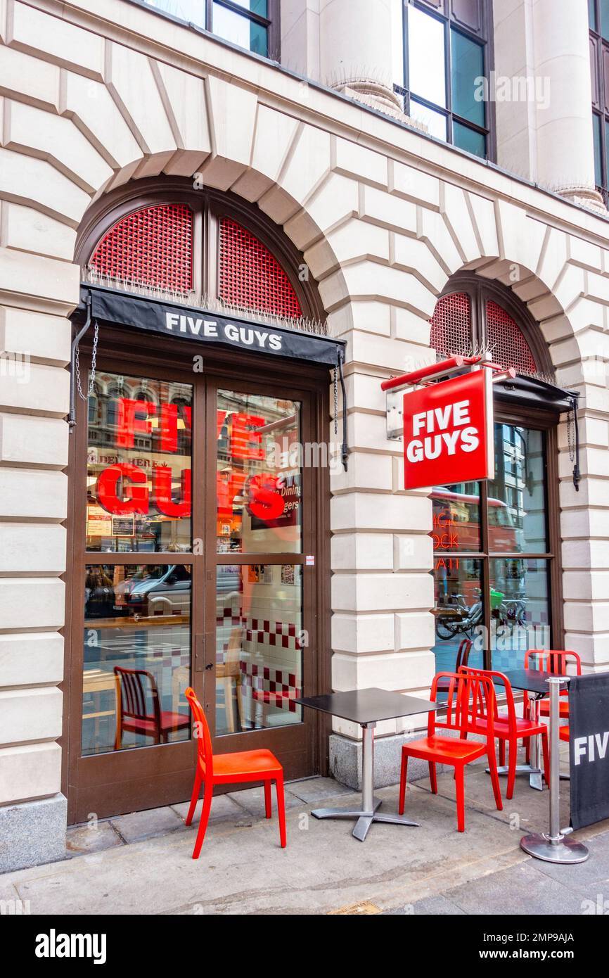 Five Guys burger restaurant on Tottenham Court Road in London, UK Stock Photo