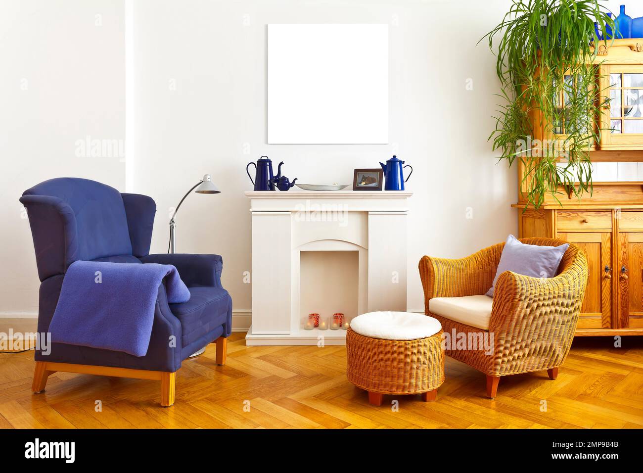 Interior design template of living room with mockup canvas print over