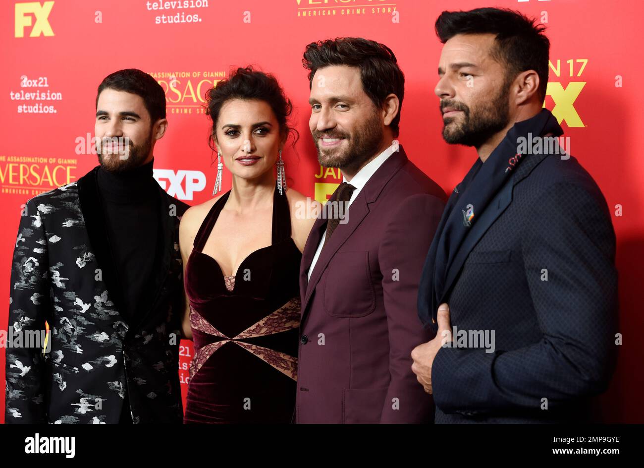 From left, Darren Criss, Penelope Cruz, Edgar Ramirez and Ricky Martin, cast  members in "The Assassination of Gianni Versace: American Crime Story,"  pose together at a special screening of the television series