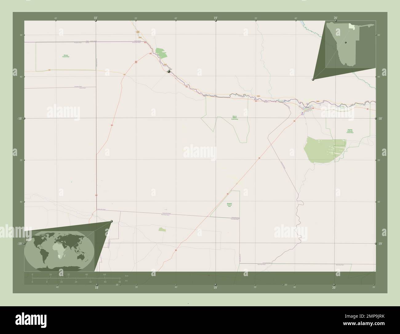 Kavango West, region of Namibia. Open Street Map. Locations of major ...