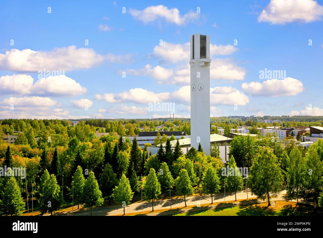 Lakeuden Risti church and the 65 meters high cross-shaped bell tower by Alvar Aalto is a distinct landmark of Seinäjoki, Finland. August 2019. Stock Photo