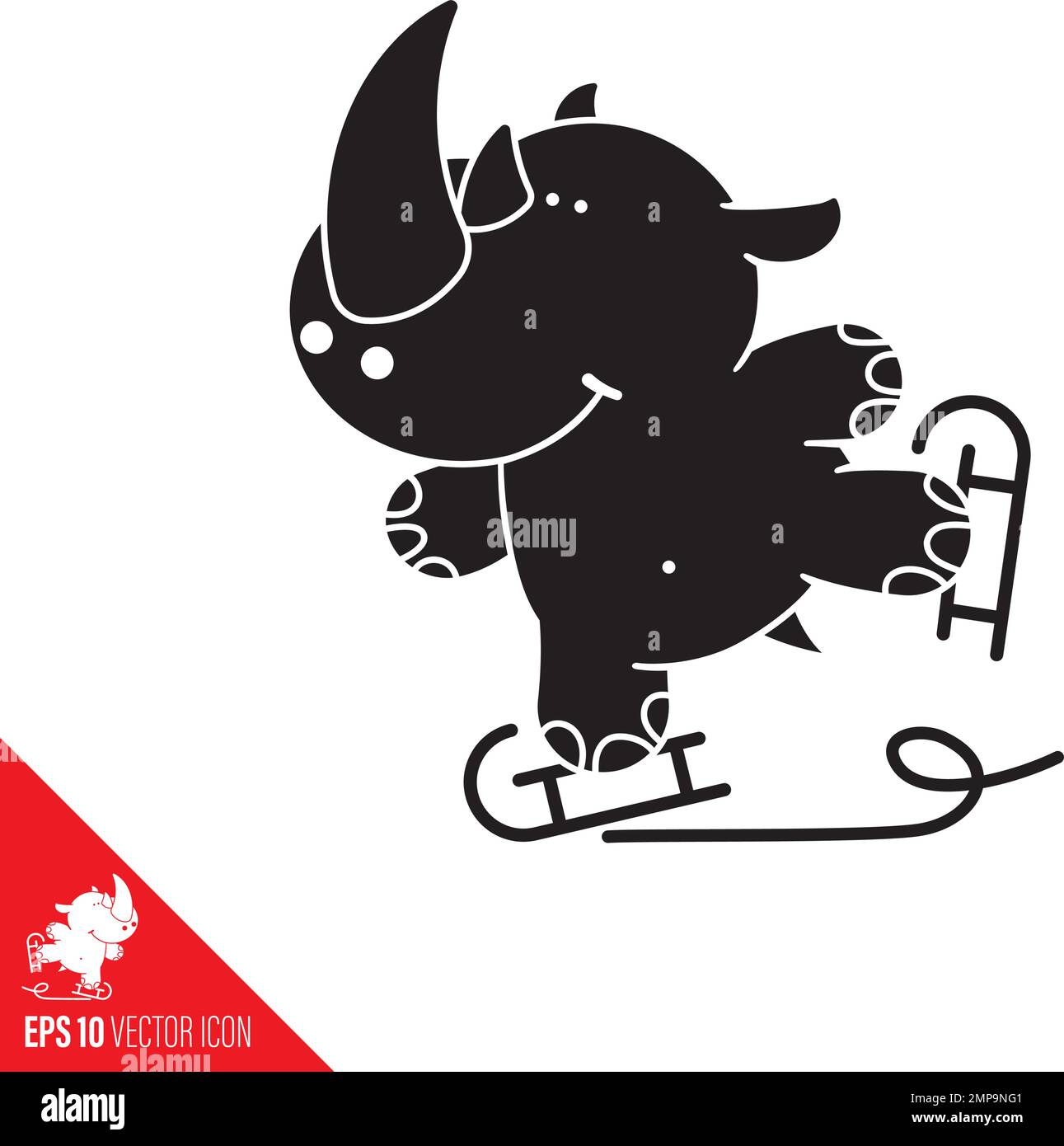Cute Ice-skating rhino cartoon character vector glyph icon Stock Vector