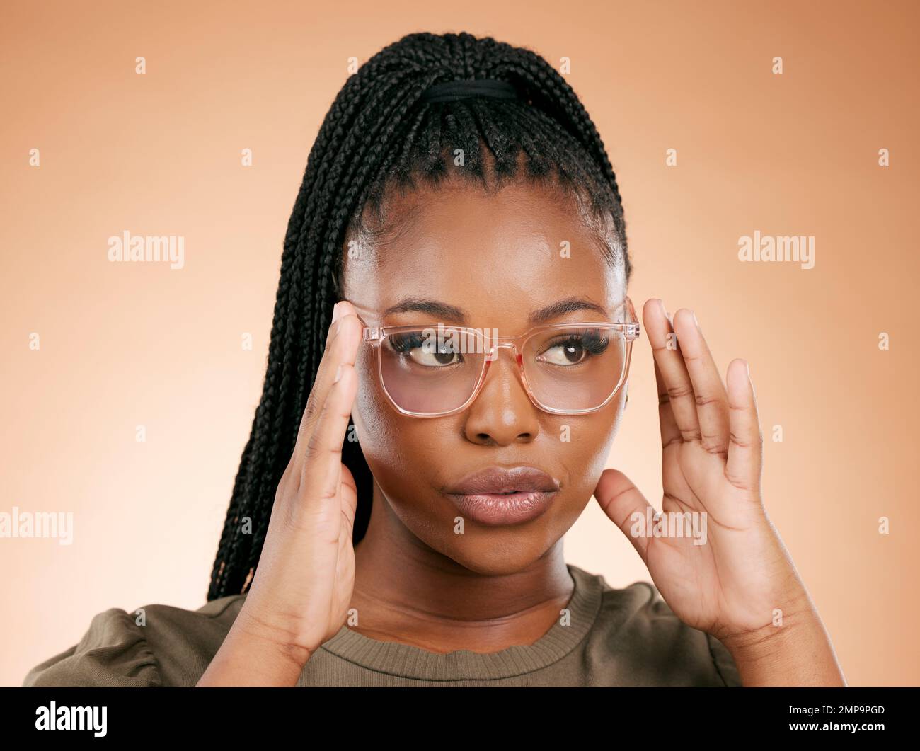 Confident black woman, holding glasses and face with vision and