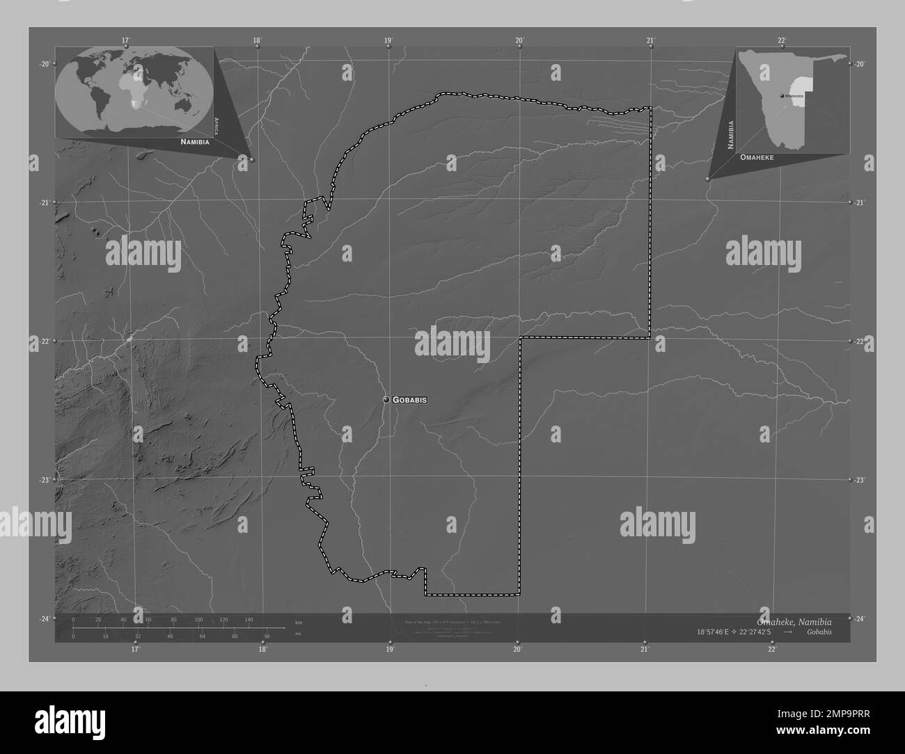 Omaheke, region of Namibia. Grayscale elevation map with lakes and ...