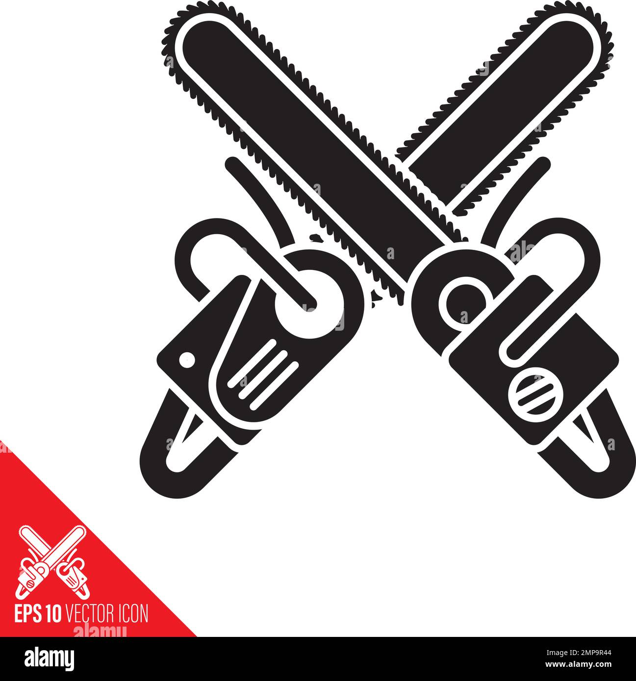 Two crossed chainsaws vector glyph icon. Stock Vector