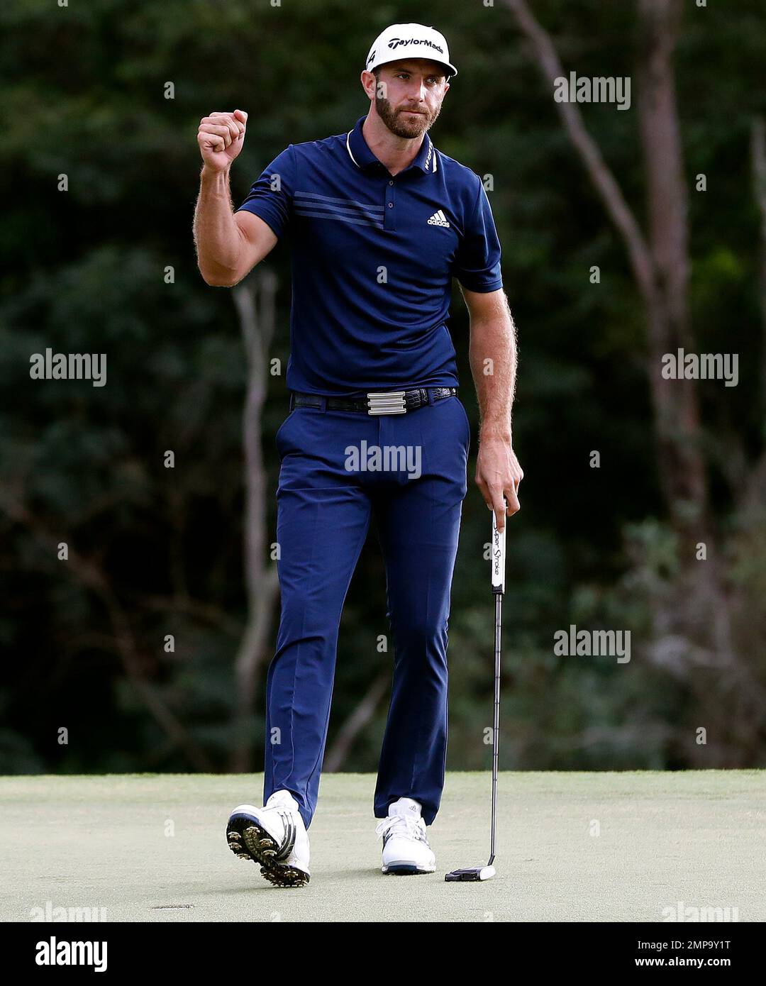 Dustin Johnson pumps his fist after winning the Tournament of Champions golf event, Sunday, Jan
