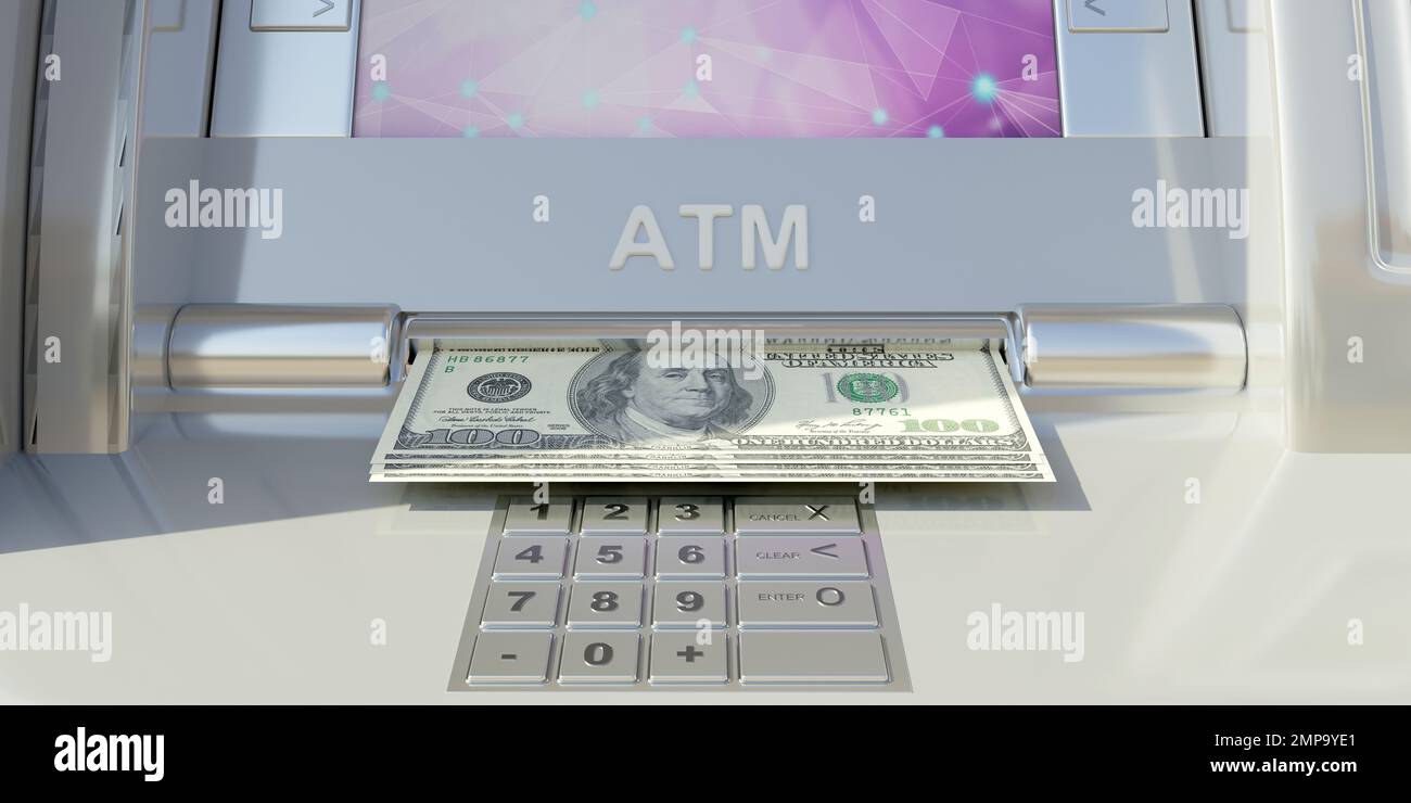 American Dollar Banknote on outdoors ATM background. Money cash