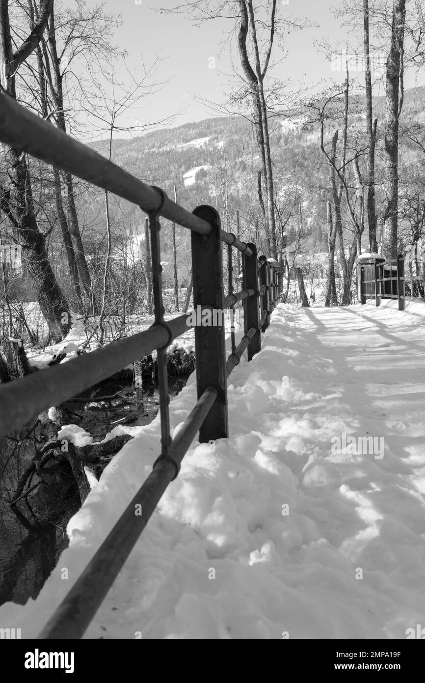 Snowy carinthian landscape at lake ossiach sunny winter day Stock Photo